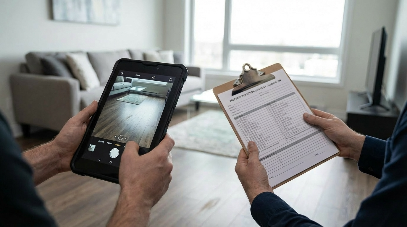 JDN property manager performing a move-in inspection with tablet and checklist